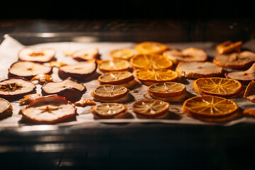 How To Dry Orange Slices for Christmas Decorating. Oranges drying in oven on metal rack and baking...