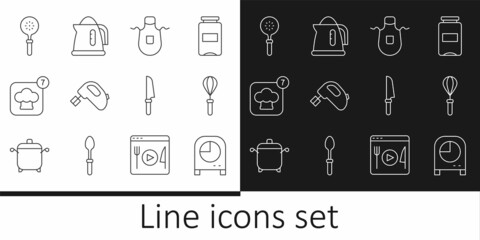 Set line Kitchen timer, whisk, apron, Electric mixer, Chef hat, Spatula, Knife and kettle icon. Vector