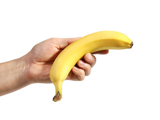 Banana in hand, isolated on white close-up