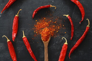 cayenne pepper on wooden spoon spices and dried chilli peppers background / group of red hot chilli powder on black plate top view ingredients table asian food spicy in thailand - obrazy, fototapety, plakaty