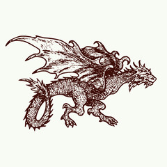 Dragon wyvern type, hand drawn doodle sketch, ink drawing illustration - 466593494