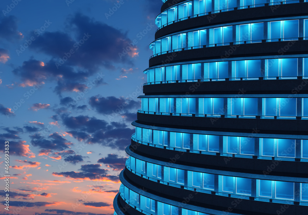 Poster skyscraper on background of sky. fragment of high-altitude mission during sunsets. modern architectu