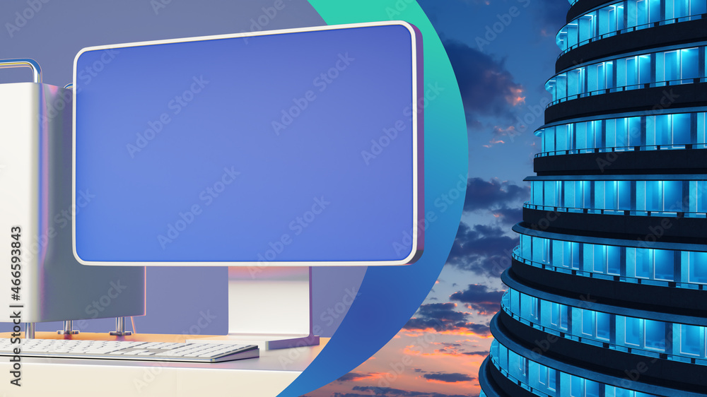 Aufkleber computer with place for test. blank screen next to skyscraper. modern buildings with place for text.