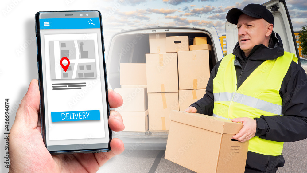 Poster express delivery. courier takes box out of van. phone with delivery app interface. map and delivery 