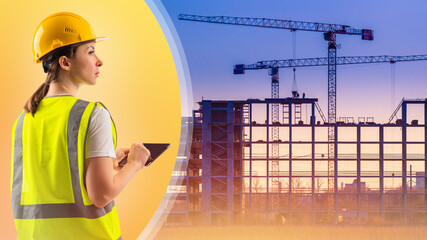 architect is holding tablet. Woman architect with her back to camera. Girl in construction uniform....