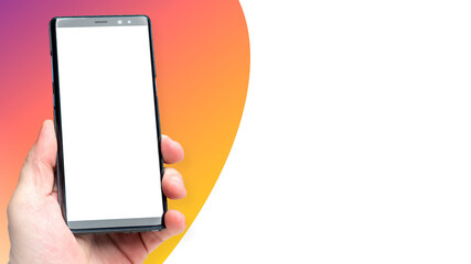 Phone template. Mobile phone mockup on colorful background. Phone in hand of man. Smartphone with...