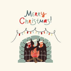 vector illustration christmas scene home decor, christmas card with lettering fireplace and gifts in socks