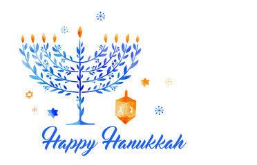 Happy Hanukkah, vector watercolor illustration, banner design. Traditional jewish holiday greeting card with menorah and dreidels - obrazy, fototapety, plakaty