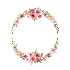 round frame with delicate multicolored watercolor flowers, hand painted