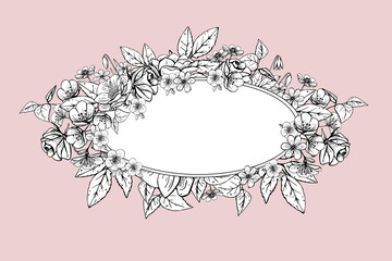 Oval frame with black and white vintage flowers - obrazy, fototapety, plakaty
