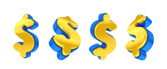 Blue money icon with golden 3d render in multiple perspectives on white background. 3d render illustration