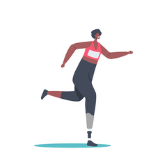 African Sportswoman Character Run Marathon, Amputee Girl Training, Athlete with Leg Prosthesis, Disabled Woman Exercise