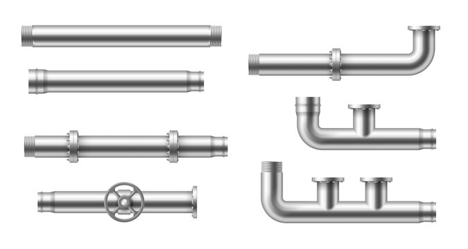 Realistic pipes. Water tube pipelines with valves, joints and connections, plumbing steel elements