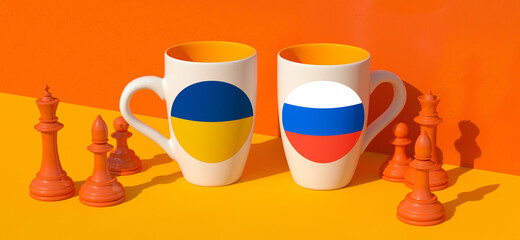 Coffee cup, Russia - Ukraine flags and diplomacy