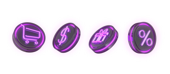 Black with purple icons isolated on white background in 3d render with neon with shopping cart, gift and money percentage symbols.