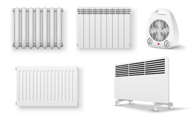 Heater radiator appliance. Wall and electrical oil-filled device, convector and heat fan ventilator - obrazy, fototapety, plakaty