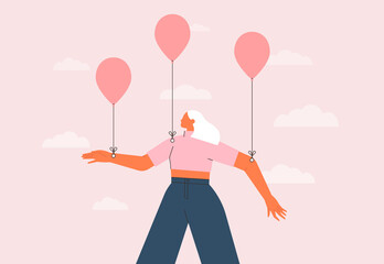 Woman flying with balloons in the sky. Young carefree girl in the air. Concept of freedom, inspiration, mental health, happiness. Isolated flat vector illustration