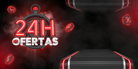 Banner template design for marketing campaign in Brazil with black and red background. The phrase 24h de ofertas means 24h of offers. 3d render illustration.