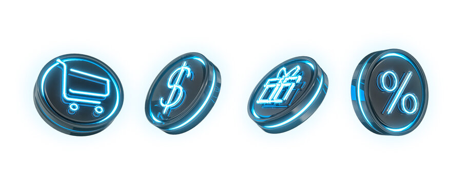 Black With Blue Icons Isolated On White Background In 3d Render With Neon With Shopping Cart, Gift And Money Percentage Symbols.