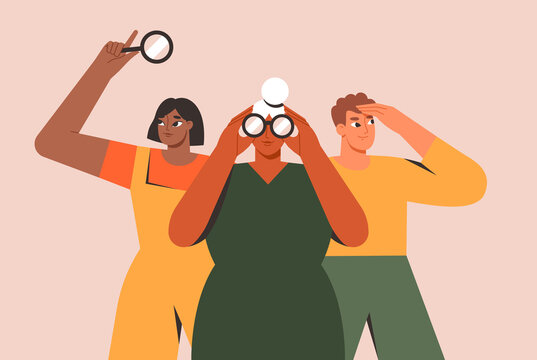 Search, recruitment, business strategy concept. Group of people looking in binoculars, magnifying glass. Exploring opportunity, predicting future, forecasting. Isolated flat vector illustration