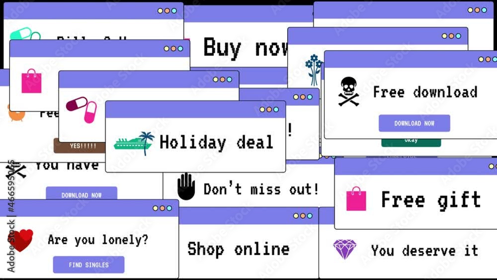 Fototapete internet ad popup window. motion graphic of computer interface windows popping up with advertising d