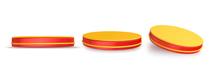 Podium 3d isolated on white background in different positions in red and orange colors. 3d Illustration