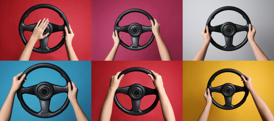 Collage with photos of women with steering wheels on different color backgrounds, closeup. Banner...