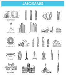 Image of Simple linear Vector icon set representing global tourist asian landmarks and travel destinations for vacations printed on Printed Aluminium Shower Panels