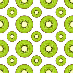 Fototapeta premium Kiwi fruit slices on white background seamless vector pattern