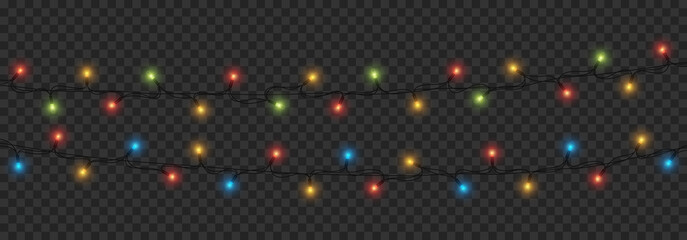 Colorful christmas lights. Realistic design elements for winter holidays. Glowing lights for Xmas