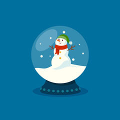 Glass Snow Globe with Funny Snowman and Snow Falling Inside, Christmas Souvenir Isolated on Blue Background