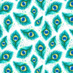 Seamless pattern with watercolor peacock feather. Texture or background template for design of fabric, wallpaper, cover.
