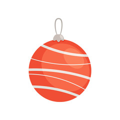 Christmas Tree Decoration, Xmas Bauble, Red Toy with Stripes and Loop for Hanging Isolated on White Background