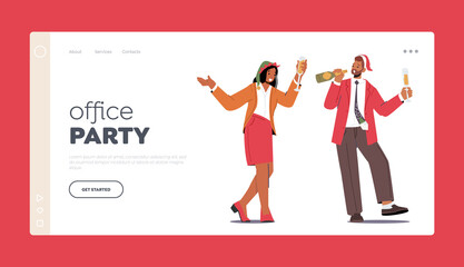 Office Party Landing Page Template. Xmas Celebration, Happy Business People at Christmas and New Year Corporate Fun