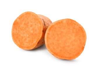 Halves of fresh sweet potato on white background