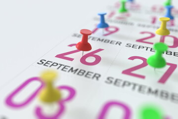 September 26 date marked with red pushpin on a calendar, 3D rendering