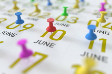 June 10 date and push pin on a calendar, 3D rendering