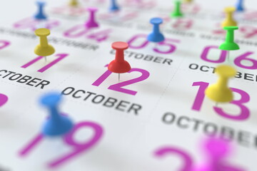 October 12 date and push pin on a calendar, 3D rendering