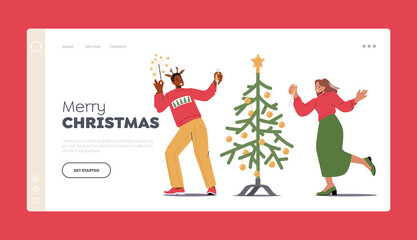 Merry Christmas Landing Page Template. Happy Colleagues or Loving Couple Celebrate New Year Party. Positive Man Woman