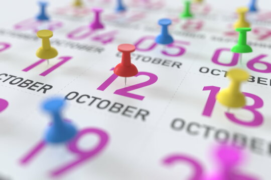 October 12 date and push pin on a calendar, 3D rendering