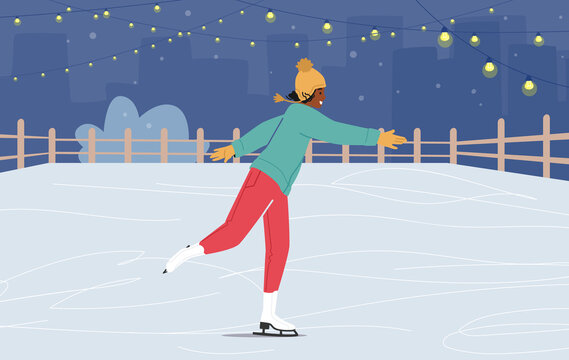 Christmas Vacation Spare Time on Ice Rink. Happy African Girl in Warm Clothes Skating Outdoors on Frozen Pond or Park
