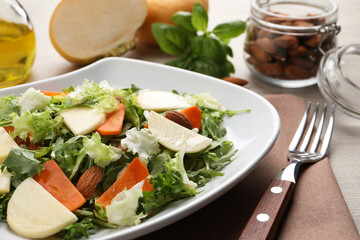 Delicious turnip salad served on table, closeup