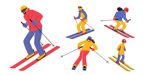 Fototapeta premium Set Skiers, People Skiing Isolated on White Background. Winter Season Recreation, Sport Activity, Slalom Sport Ski Race