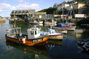 Mevagissey Cornwall England with mackerel fishing boats in the harbour