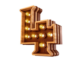 Number 4 with realistic light bulbs and wood isolated on white background. 3D illustration