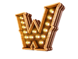 Letter W with realistic light bulbs and wood isolated on white background. 3D illustration