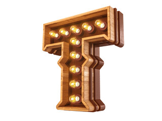Letter T with realistic light bulbs and wood isolated on white background. 3D illustration