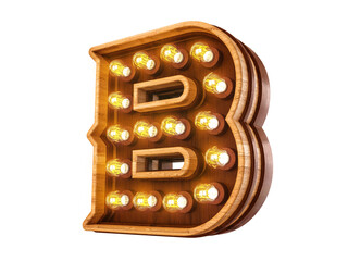 Letter B with realistic light bulbs and wood isolated on white background. 3D illustration

