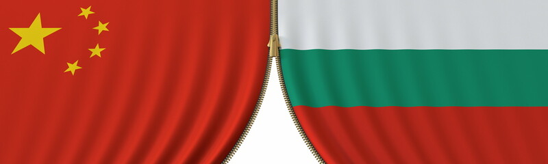 Obraz premium China and Bulgaria political cooperation or conflict, flags and closing or opening zipper, conceptual 3D rendering