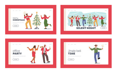 Managers Team Office Party Landing Page Template Set. Business People Celebrating New Year or Christmas Holidays